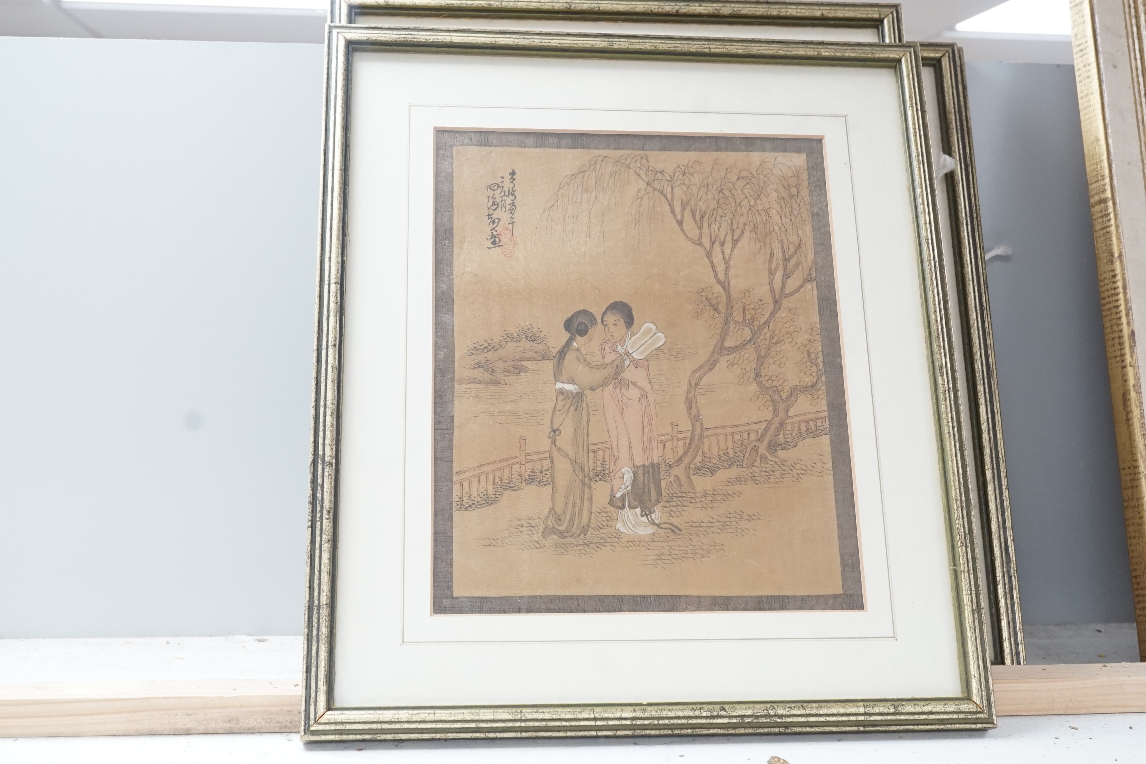Chinese School, four ink and watercolour studies, Figures in landscapes, 23 x 18cm